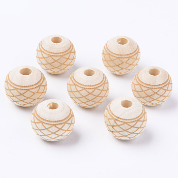 Unfinished Natural Wood European Beads, Large Hole Beads, for DIY Painting Craft, Laser Engraved Pattern, Round with Grid Pattern, Antique White, 16x14.5mm, Hole: 4mm