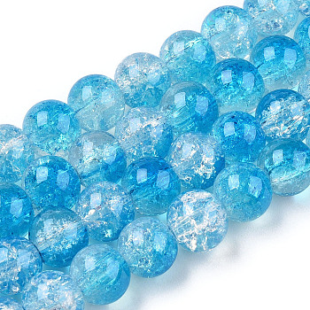Transparent Crackle Baking Painted Glass Beads Strands, Imitation Opalite, Round, Deep Sky Blue, 6x5mm, Hole: 1.2mm, about 147pcs/strand, 31.10 inch(79cm)