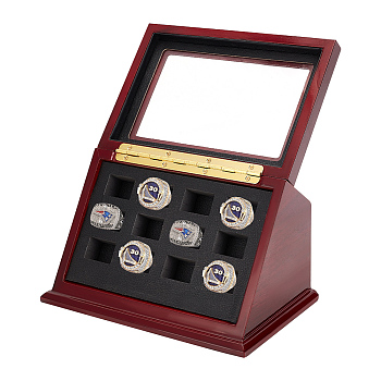 12-Slot Wooden Championship Rings Display Case Box, Slanted Glass Visible Window Rings Organizer Showcase, Coconut Brown, 13x21.5x13.3cm