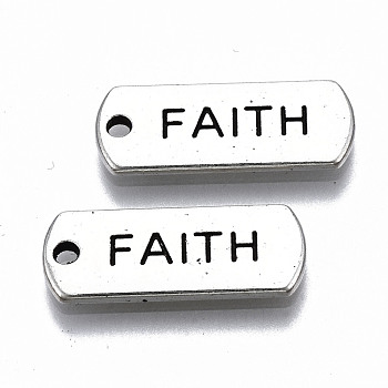 Tibetan Style Alloy Pendants, Lead Free & Cadmium Free, Inspirational Message Charms, Rectangle with Word Faith, Antique Silver, 8x20.5x1.5mm, Hole: 1.6mm, about 650pcs/1000g