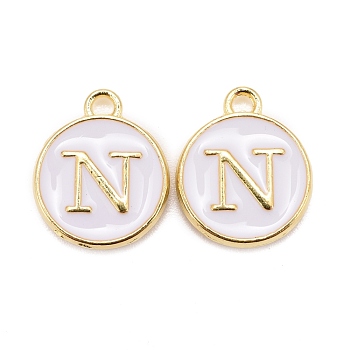 Golden Plated Alloy Charms, Cadmium Free & Lead Free, with Enamel, Enamelled Sequins, Flat Round with Letter, White, Letter.N, 14x12x2mm, Hole: 1.5mm