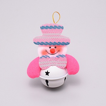 Christmas Theme Snowman Cloth Pendant Decorations, with Metal Bells, Pink, 132mm