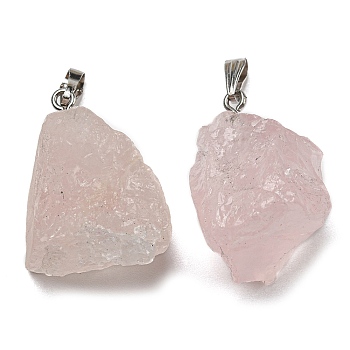 Raw Rough Natural Rose Quartz Pendants, Nuggets Charms with Stainless Steel Tone 201 Stainless Steel Snap on Bails, 26~28.5x24~27x19~21mm, Hole: 8x3mm
