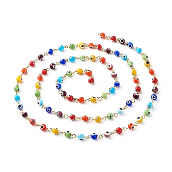 1 Strand Handmade Evil Eye Lampwork Round Beads Link Chains, with Golden 304 Stainless Steel Eye Pins, for Bracelet Necklace Making, Colorful, 6mm, about 3.28Feet/strand(1m/strand)