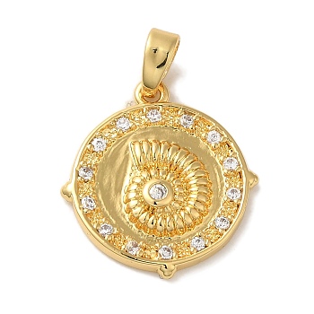 Rack Plating Brass Micro Pave Cubic Zirconia Pendant, Long-Lasting Plated, Cadmium Free & Lead Free, Flat Round with Conch, Real 18K Gold Plated, 18.5x17x2.5mm, Hole: 5x2.5mm