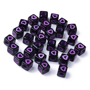 Opaque Black Acrylic European Beads, Large Hole Beads, Cube with Heart, Medium Orchid, 7x7x7mm, Hole: 4mm, about 1900~2000pcs/500g
