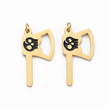 Ion Plating(IP) 316 Surgical Stainless Steel Enamel Pendants, with Jump Rings, Laser Cut, Cadmium Free & Nickel Free & Lead Free, Axe with Skull, Real 14K Gold Plated, 23x12x1mm, Hole: 2mm