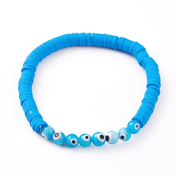 Polymer Clay Heishi Beads Stretch Bracelets, with Evil Eye Lampwork Round Beads, Dodger Blue, Inner Diameter: 2-1/8 inch(5.3cm)