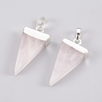 Natural Rose Quartz Pendants, with Brass Findings, Triangle, Silver, 27~29x12~13x4~5mm, Hole: 4x6mm