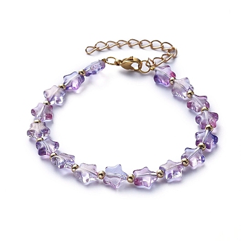Star Transparent Spray Painted Glass Beaded Bracelets, with Round Brass Beads and 304 Stainless Steel Lobster Claw Clasps, Purple, 7-1/8 inch(18cm)