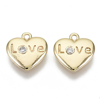 Brass Micro Pave Cubic Zirconia Charms, Nickel Free, Heart with Word LOVE, Clear, Real 18K Gold Plated, 10x10.5x2mm, Hole: 1mm
