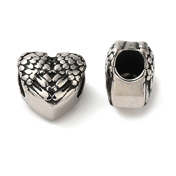 Retro 316 Surgical Stainless Steel European Beads, Large Hole Beads, Heart, Antique Silver, 10.5x11x8mm, Hole: 4.5mm