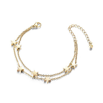 SHEGRACE Trendy Titanium Steel Anklet, Double Layered Anklet, with Stars, Golden, 200mm