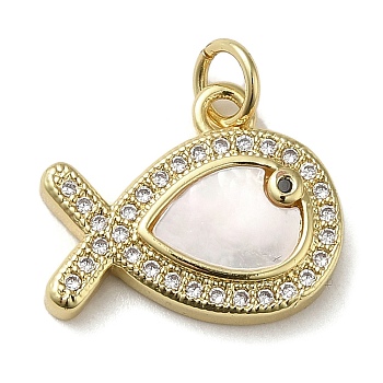 Brass Micro Pave Cubic Zirconia Pendants, with Shell, Fish, Real 18K Gold Plated, 14x17x3mm, Hole: 3.4mm
