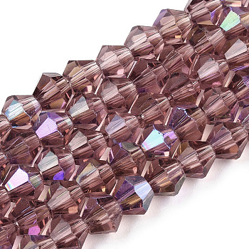 Transparent Electroplate Glass Beads Strands, AB Color Plated, Faceted, Bicone, Dark Violet, 4x4mm, Hole: 0.8mm, about 87~98pcs/strand, 12.76~14.61 inch(32.4~37.1cm)