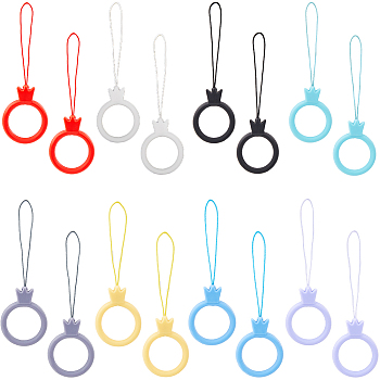 16Pcs 8 Colors Silicone Mobile Phone Finger Rings, Finger Crown Ring Short Hanging Lanyards, Mixed Color, 10.4~10.5cm, 2pcs/color