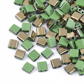 2-Hole Glass Seed Beads, Half Golden Plated Colours, Square, Light Green, 5x4.5~5.5x2~2.5mm, Hole: 0.5~0.8mm, about 1180pcs/bag