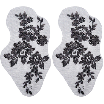 Flower Polyester Embroidery Sew on Appliques, with Plastic Sequins, Sewing Craft Decoration for Wedding Dress, Cheongsam, Black, 265x145mm