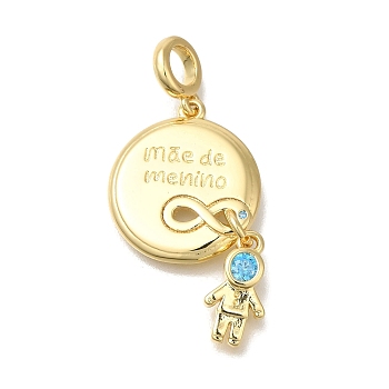 Brass Cubic Zirconia European Dangle Charms, Flat Round & Boy Large Hole Pendants, Real 16K Gold Plated, Light Sky Blue, 38mm, Hole: 4.5mm