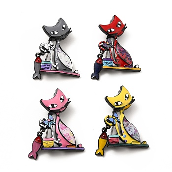 Cat & Fish Enamel Pin, Electrophoresis Black Alloy Badge for Backpack Clothes, Cadmium Free & Lead Free, Mixed Color, 48x28x5mm, Pin: 0.7mm
