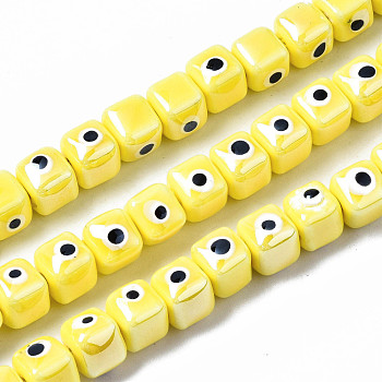 Handmade Porcelain Ceramic Beads Strands, Bright Glazed Porcelain, Cube with Evil Eye, Yellow, 9.5x8.5x8.5mm, Hole: 1.5mm, about 40pcs/strand, 12.99 inch(33cm)