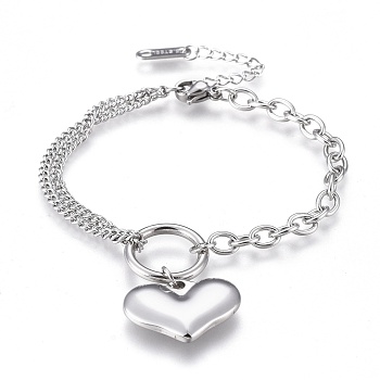304 Stainless Steel Charm Bracelets, with Lobster Claw Clasps, Cable & Curb Chains, Heart, Stainless Steel Color, 6-3/8 inch(16.2cm)