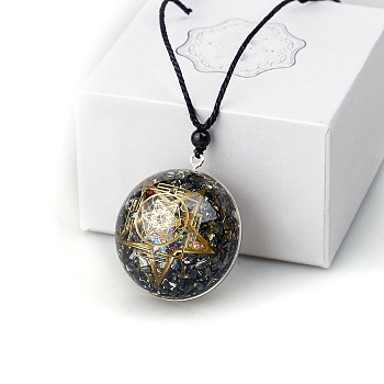 Dyed Natural Pyrite Resin Pendants, Yoga Theme Half Round Charms with Star, Gray, 40mm