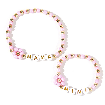 2Pcs Mother's Day Gift Mama/Mini Daisy Glass Seed Beads & Brass Beaded Stretch Bracelet Sets for Parent-Child Matching, Pink, 4-7/8~6-7/8 inch(12.5~17.5cm)