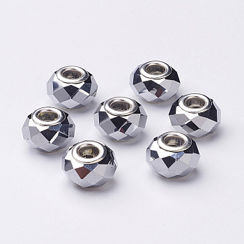 Electroplate Glass European Beads, Large Hole Beads, Silver Color Brass Core, Silver Color, about 14~15mm wide, 9mm long, hole: 4.5mm