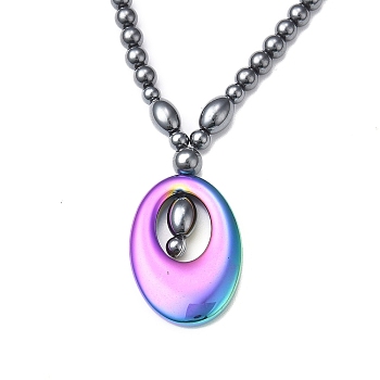 Synthetic Non-magnetic Hematite Oval Pendant Necklace with Beaded Chains for Women, Rainbow Color, 18.31 inch(46.5cm)