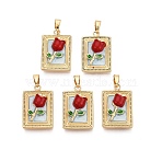 Brass Enamel Pendants, Rectangle & Flower Charms, Real 18K Gold Plated, Light Cyan, 20x13x5mm, Hole: 5x2.5mm(KK-SZC0009-05G-01)