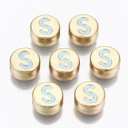 Alloy Enamel Beads, Cadmium Free & Lead Free, Flat Round with Initial Letters, Light Gold, Light Sky Blue, Letter.S, 8x4mm, Hole: 1.5mm(X-ENAM-S122-029S-RS)