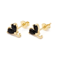 Rack Plating Brass Cubic Zirconia Stud Earrings Findings, Real 18K Gold Plated, with Loop, Cadmium Free & Lead Free, Heart, Black, 9x8.5mm, Hole: 1.5mm, Pin: 1mm(MAK-I684-10G-02-RS)