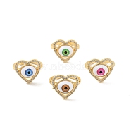 Cubic Zirconia Heart with Evil Eye Open Cuff Ring with Acrylic, Real 18K Gold Plated Brass Jewelry for Women, Cadmium Free & Lead Free, Mixed Color, US Size 6 1/2(16.9mm)(RJEW-B042-05G)