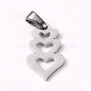304 Stainless Steel Pendants, Heart with Heart, Stainless Steel Color, 18x11x1.5mm, Hole: 6x3mm(X-STAS-I127-018P)