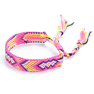 Polyester-cotton Braided Rhombus Pattern Cord Bracelet, Ethnic Tribal Adjustable Brazilian Bracelet for Women, Hot Pink, 5-7/8~11 inch(15~28cm)(FIND-PW0013-001A-04)