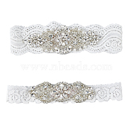 Flower Pattern Polyester Lace Elastic Bridal Garters, with Rhinestone, Wedding Bride Garment Accessories, White, 31~60x170~200x6~7mm(AJEW-WH0470-67)