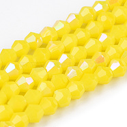 Opaque Solid Color Electroplate Glass Beads Strands, AB Color Plated, Faceted, Bicone, Yellow, 2.9~3.3x2.5mm, Hole: 0.7mm, about 145~150pcs/strand, 16.34~16.54 inch(41.5~42cm)(EGLA-A039-P2mm-L05)