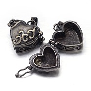 Carved Heart Rack Plating Brass Prayer Box Pendants, Wish Box, Gunmetal, 20x22x12mm, Hole: 5x3mm(KK-L101-22B)