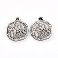 304 Stainless Steel Pendants, Flat Round with Word Pure, Stainless Steel Color, 19x15x2mm, Hole: 2mm(STAS-G242-11P)