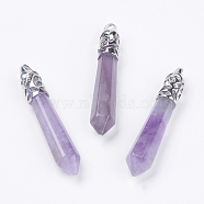 Natural Amethyst Pointed Pendants, with Alloy Findings, Bullet, Platinum, Cadmium Free & Lead Free, 55~67x11mm, Hole: 5x4mm(G-F228-07O-RS)