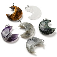 Natural Mixed Gemstone Pendants, Moon Charms, with Platinum Tone Brass Findings, 35x27x10mm, Hole: 10x4mm(G-Z022-04M)