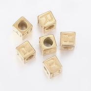 304 Stainless Steel Large Hole Letter European Beads, Horizontal Hole, Cube with Letter.R, Golden, 8x8x8mm, Hole: 5mm(X-STAS-H428-01G-R)