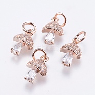 Brass Micro Pave Cubic Zirconia Charms, Cadmium Free & Lead Free, Mushroom, Real Rose Gold Plated, 11x7.5x4mm, Hole: 3mm(RB-I077-25RG-RS)