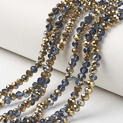 Electroplate Transparent Glass Beads Strands, Half Golden Plated, Faceted, Rondelle, Steel Blue, 3x2mm, Hole: 0.8mm, about 150~155pcs/strand, 15~16 inch(38~40cm)(EGLA-A034-T2mm-O02)