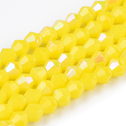 Opaque Solid Color Electroplate Glass Beads Strands, AB Color Plated, Faceted, Bicone, Yellow, 2.9~3.3x2.5mm, Hole: 0.7mm, about 145~150pcs/strand, 16.34~16.54 inch(41.5~42cm)(EGLA-A039-P2mm-L05)