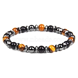 Non-magnetic Synthetic Hematite and Natural Tiger Eye Beaded Stretch Bracelets for Men, Mixed Color, Bead: 6mm in Diameter, 7-1/8 inch(18cm)(PW-WG779D8-01)