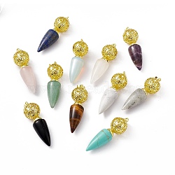 Natural & Synthetic Mixed Stone Big Pendants, Cone Charms with Rack Plating Brass Hollow Ball, Golden, Cadmium Free & Lead Free, 57~58x17.5~18mm, Hole: 8x5mm(G-H281-07G)
