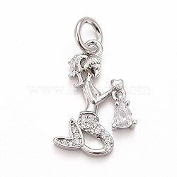 Rack Plating Brass Micro Pave Cubic Zirconia Pendants, Long-Lasting Plated, Cadmium Free & Lead Free, with Jump Ring, Mermaid with Lamp, Platinum, Clear, 19x11x2mm, Jump Ring: 6x1mm, 4mm Inner Diameter(KK-B056-03P-01)