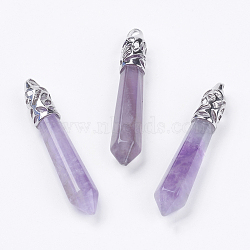 Natural Amethyst Pointed Pendants, with Alloy Findings, Bullet, Platinum, Cadmium Free & Lead Free, 55~67x11mm, Hole: 5x4mm(G-F228-07O-RS)